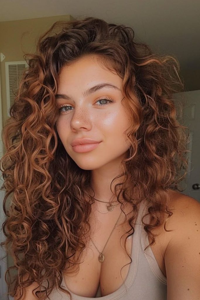 Rich warm curly hairstyle with metallic glowing texture.
