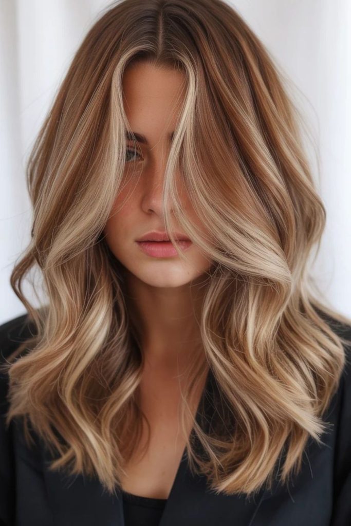 Bronze blonde chocolate layered hairstyle.