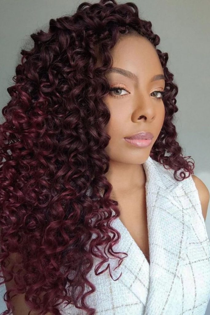 Burgundy crochet curls soft velvet finish.