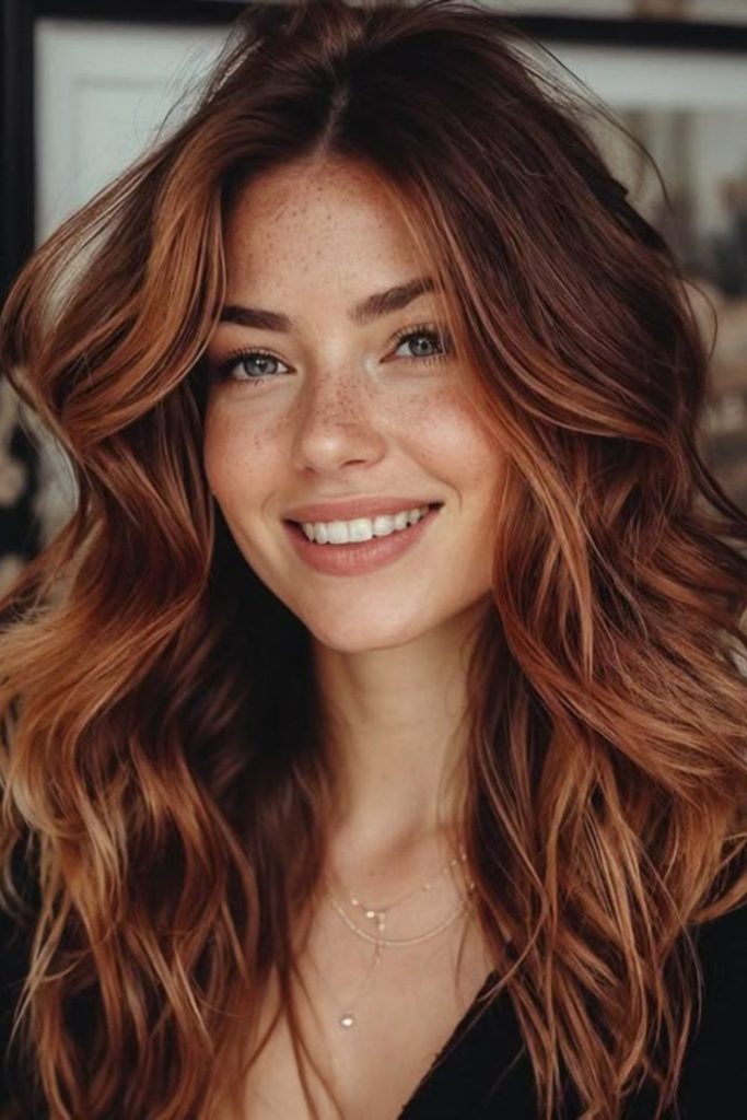 Burnt sugar brunette layered hair.