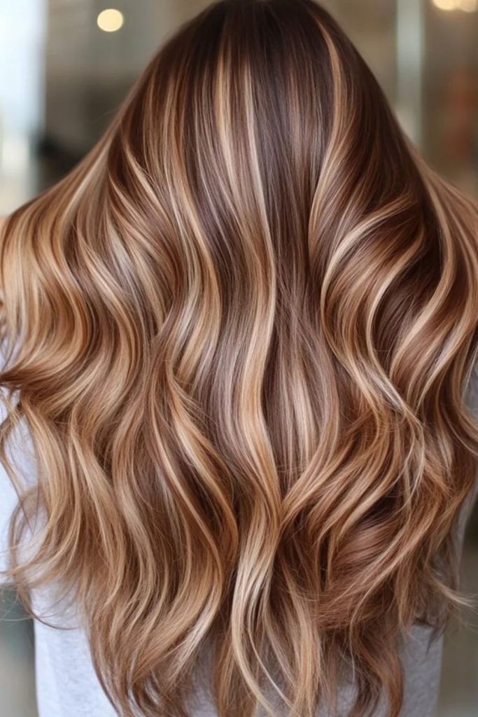 Bronzy blonde ribbons through brown layers.