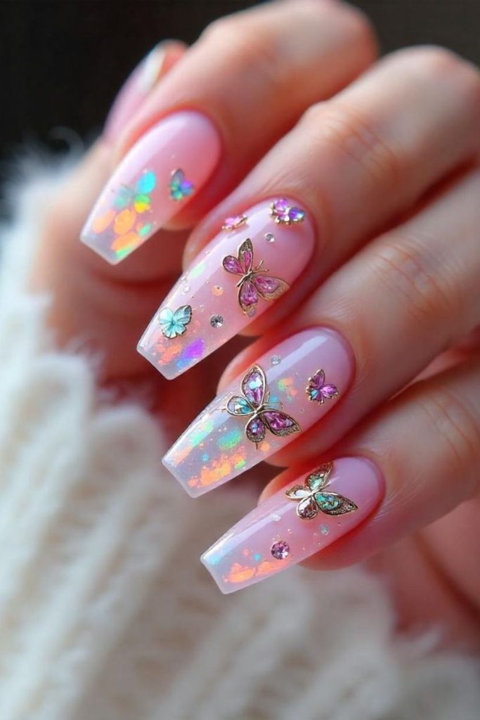 Pink butterfly glitter baddie nails.