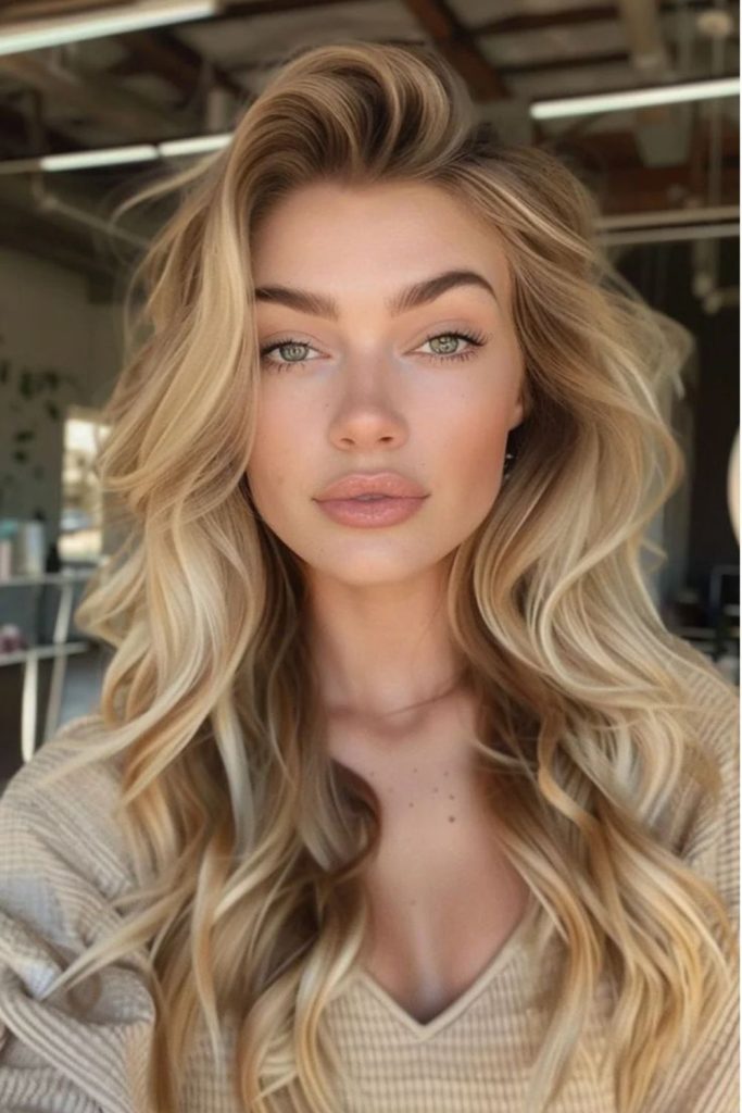 Butterscotch blonde brown layered hairstyle.