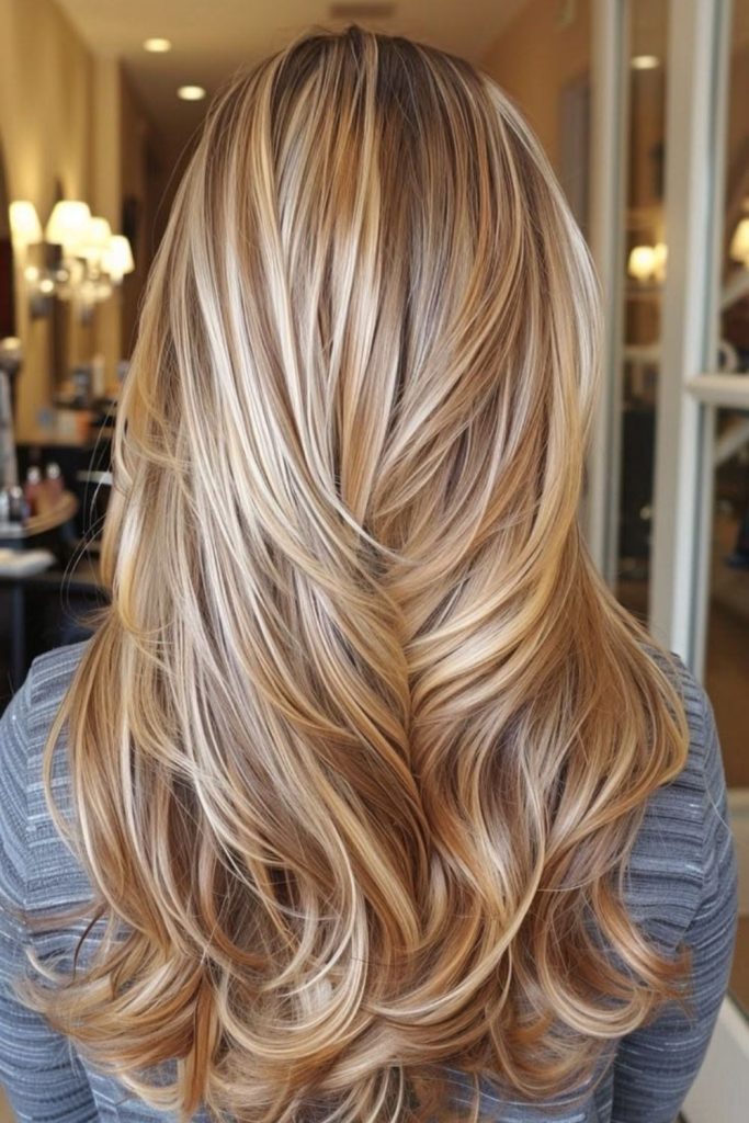 Honey blonde glow on brunette hair.