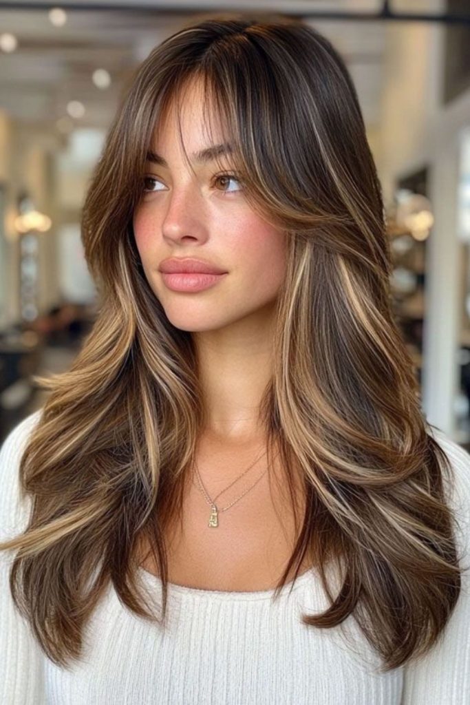 Caramel curtain fringe cheek framing glow