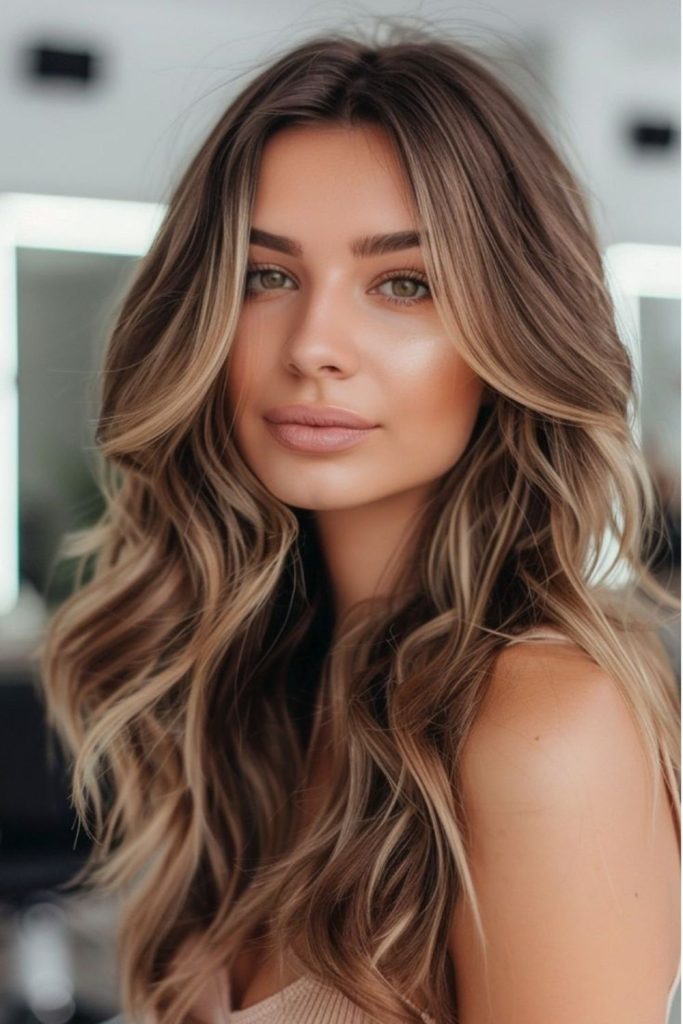 Caramel blonde shimmer on brown hair.