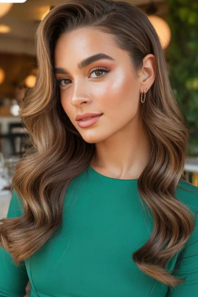 Caramel swoop hairstyle with smooth warm creamy flowing movement