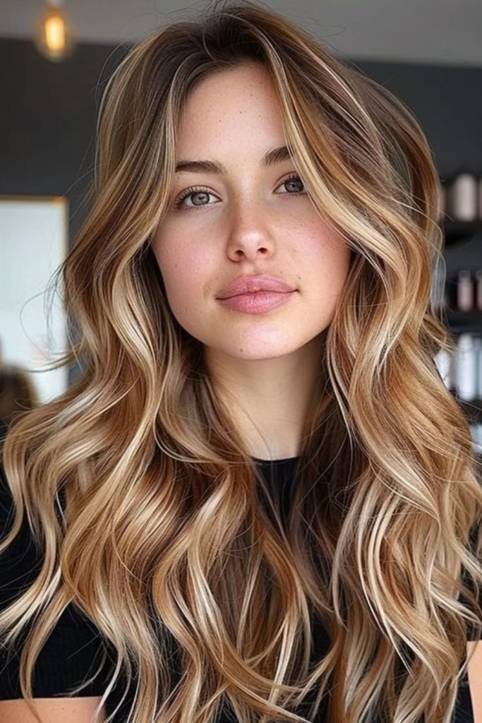 Champagne blonde ribbons on chocolate hair.