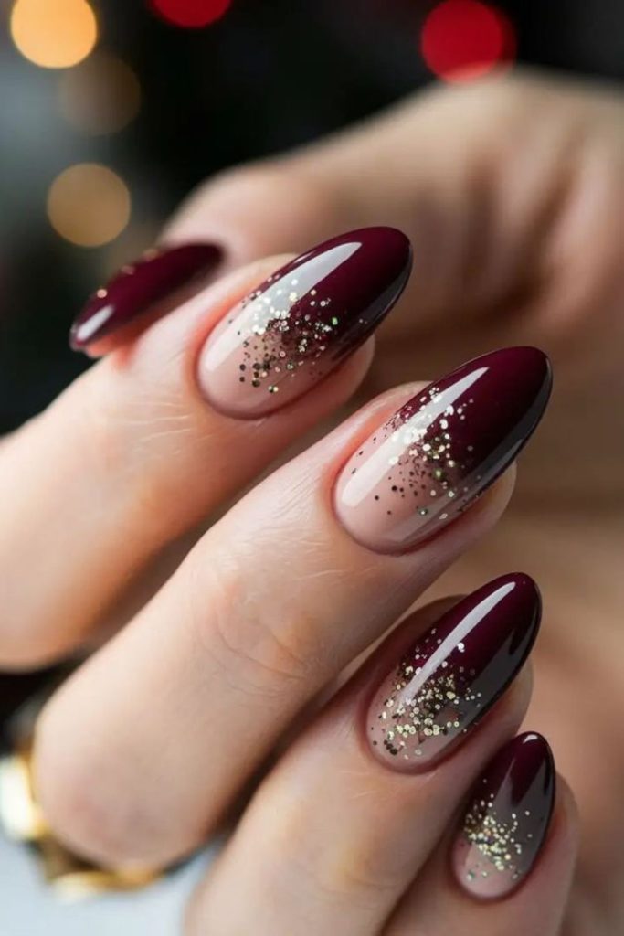 Cherry red glitter graduation nails.