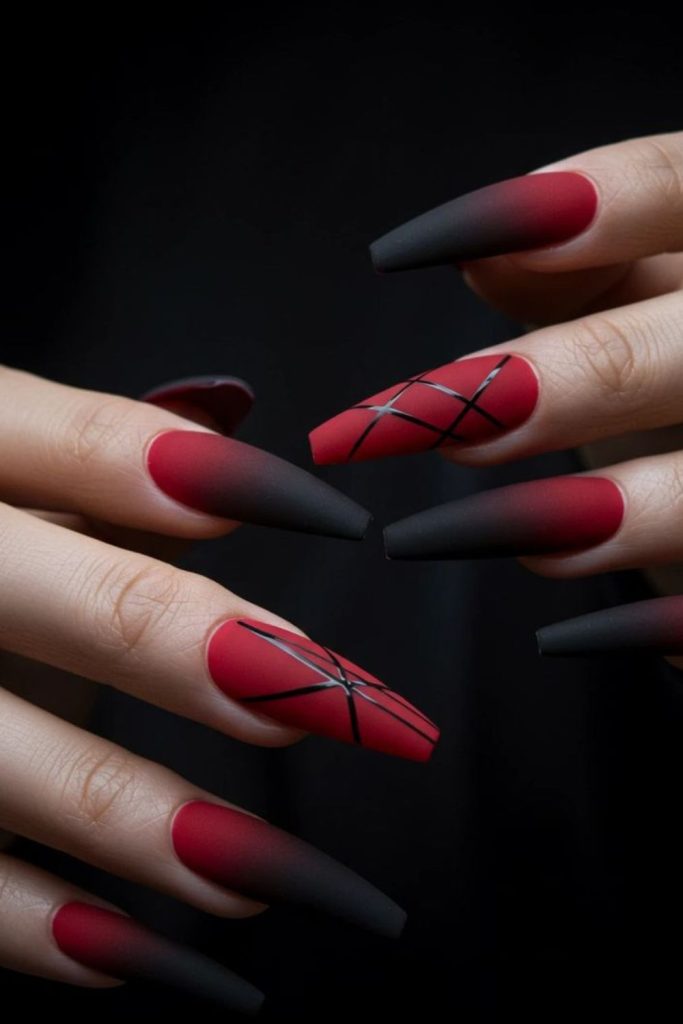 Cherry inferno matte flame nail design