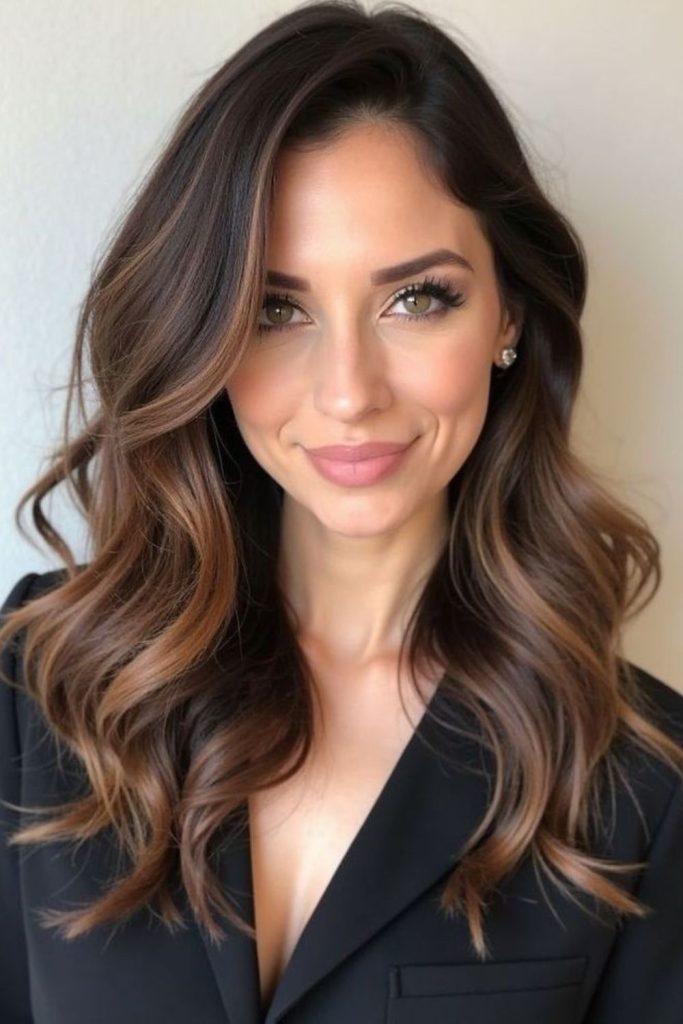 Chestnut brunette elegant highlighted hairstyle.