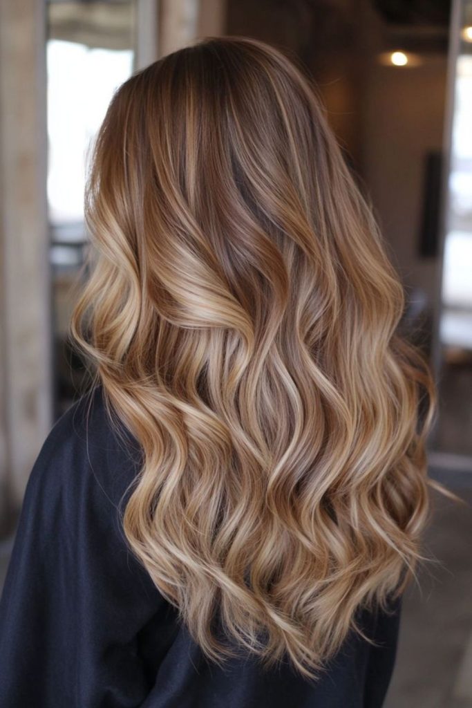 Chestnut brown buttery blonde waves.
