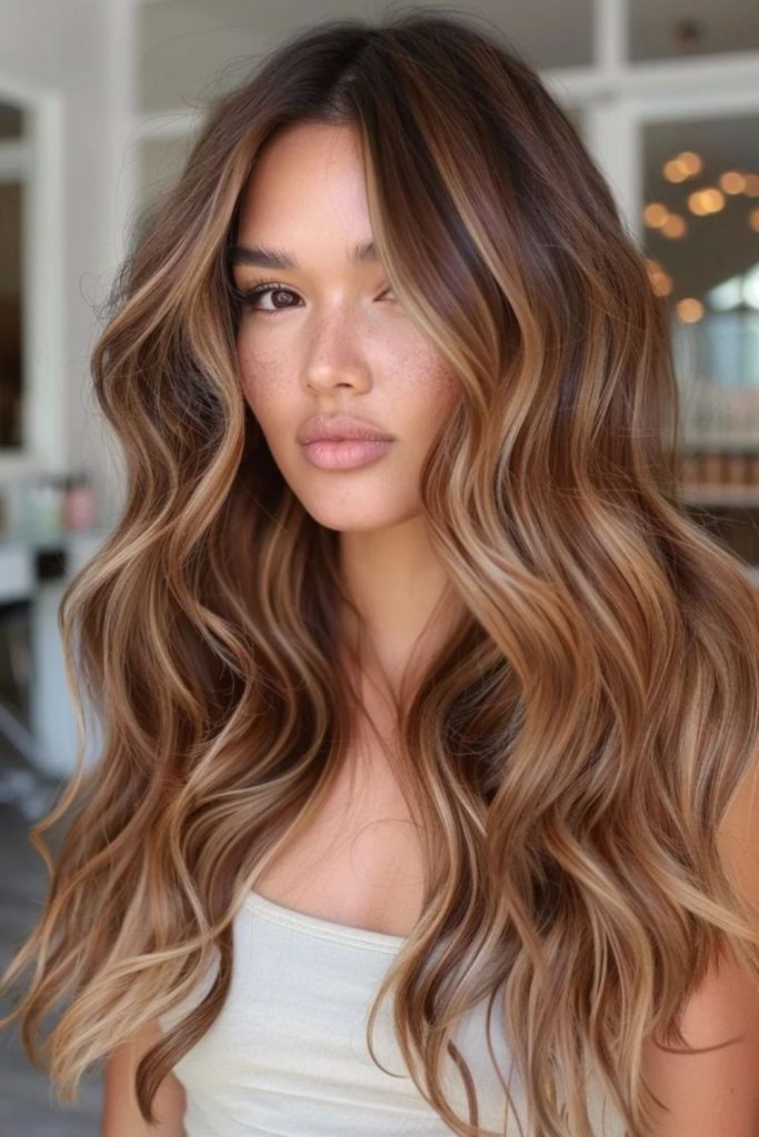 Chestnut brunette glossy highlighted hair.