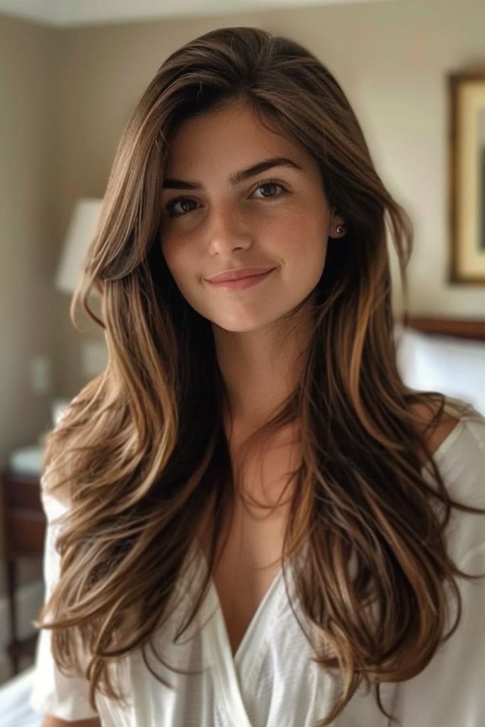 Chestnut long flow elegant smooth strands