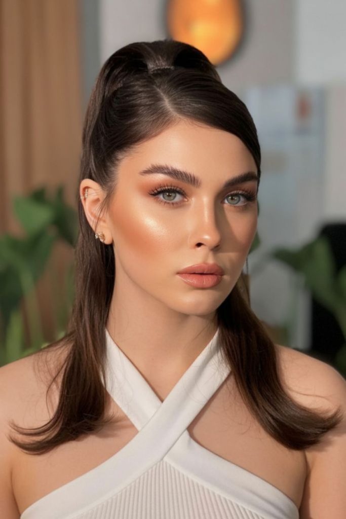 Rich brown swoop hairstyle with smooth glossy side flowing strands