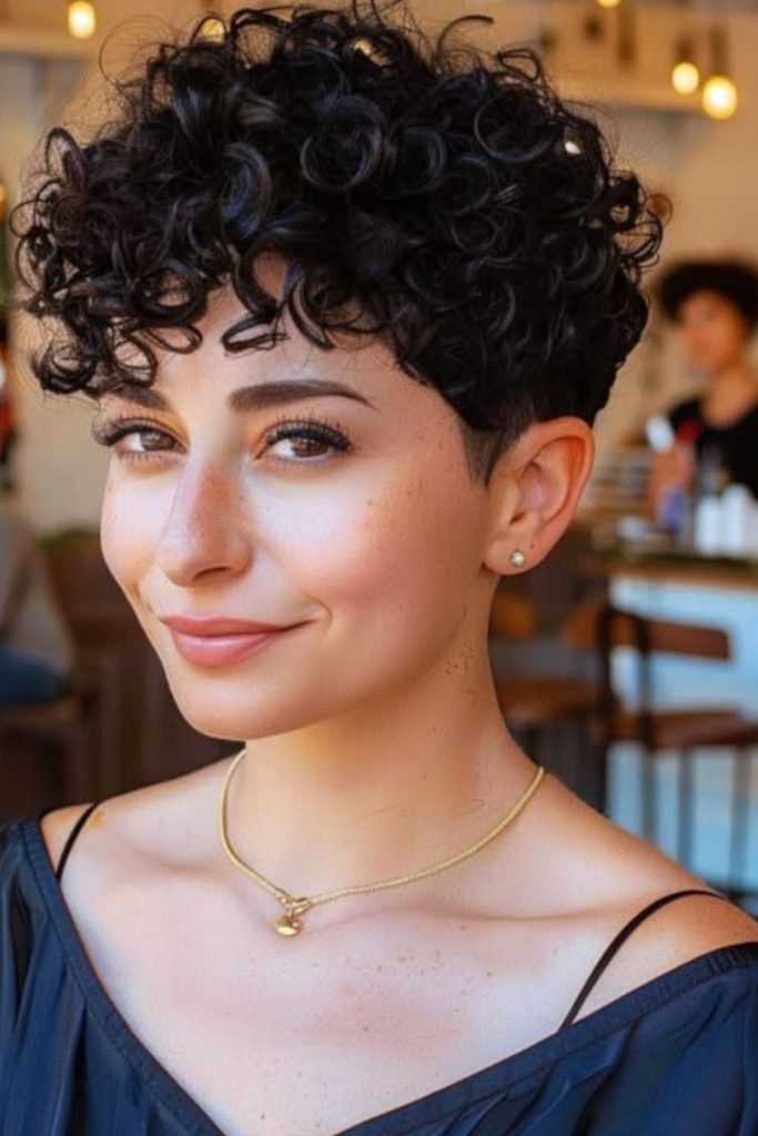 Shiny chrome pixie bouncy curls