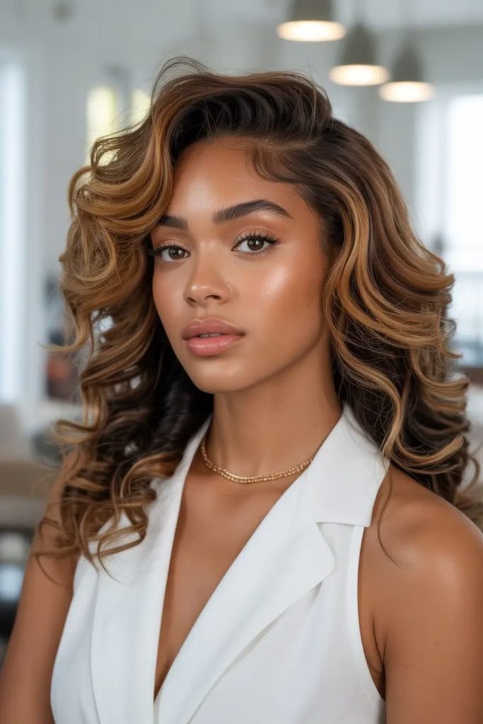 Warm cinnamon toned swoop hairstyle with airy natural flowing movement