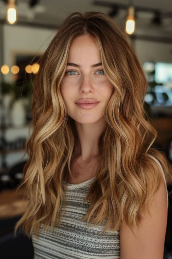 Cinnamon brown blonde shoulder haircut.