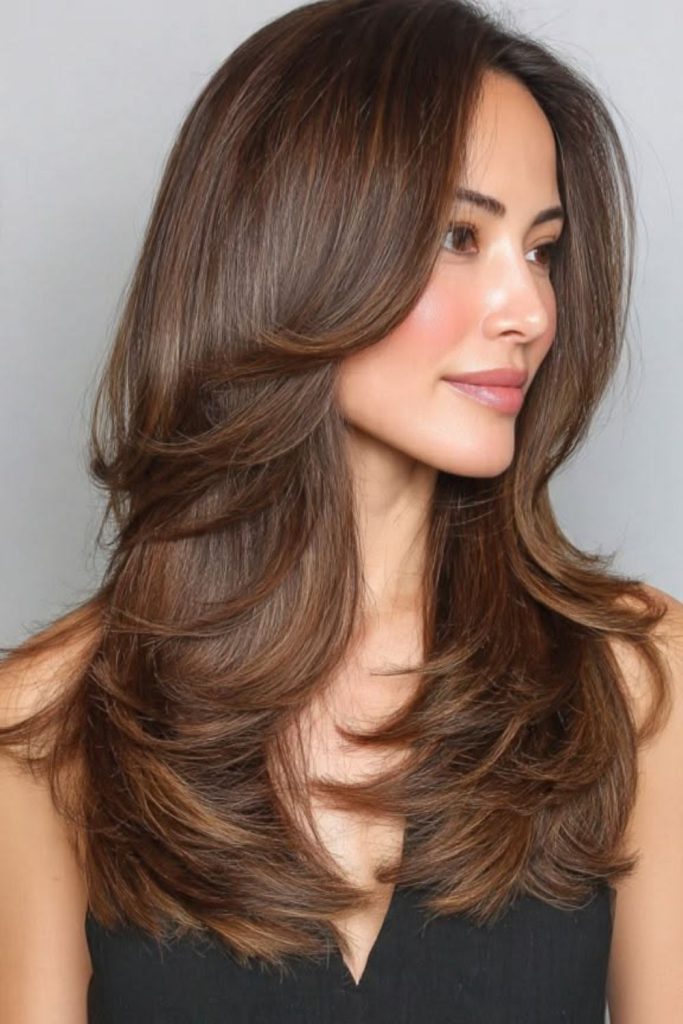 Cinnamon long layers feathered flowing strands