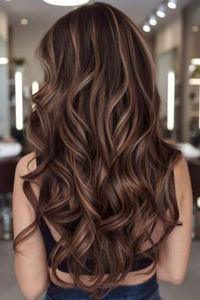 Cinnamon brunette layered highlighted hairstyle.