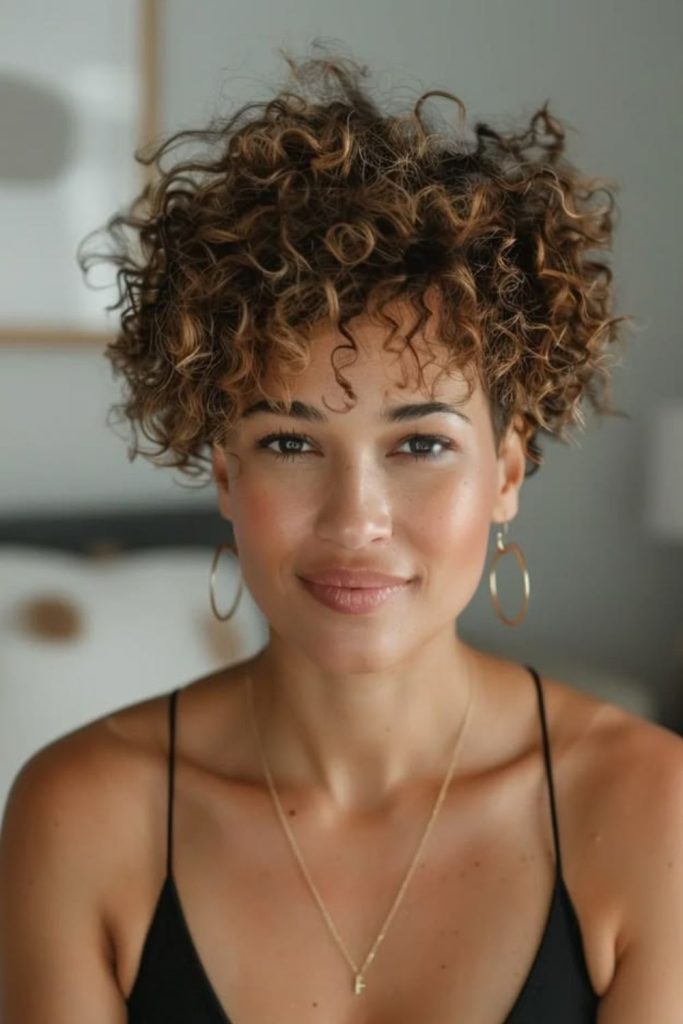 Cinnamon colored pixie cut with warm spice tones and playful texture.