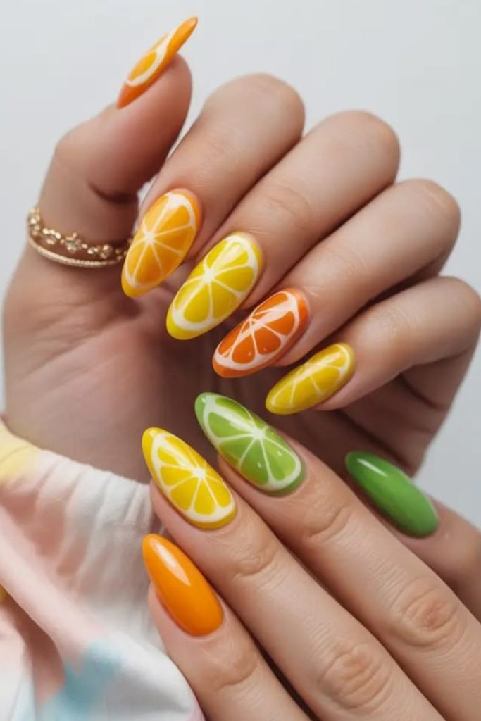 Bright citrus slice summer nails.