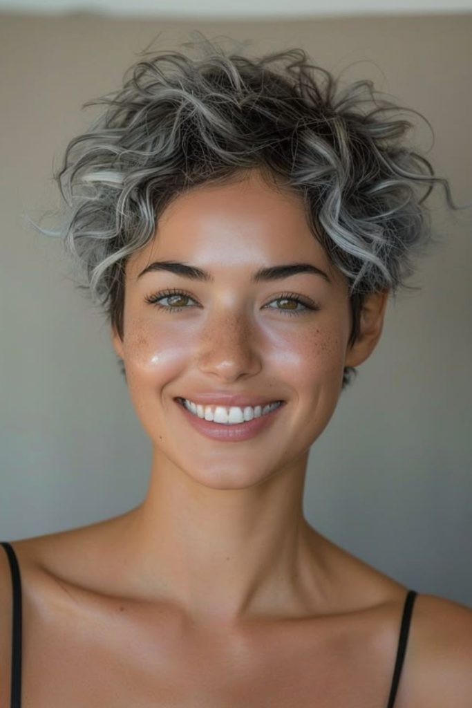 Soft grey pixie cut with misty fade and airy light texture.