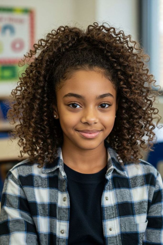 Dreamy curly puff school hairstyle