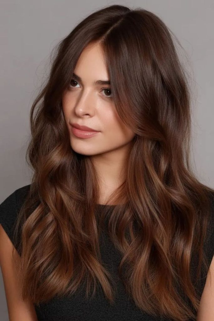 Cocoa balayage brunette highlighted hairstyle.
