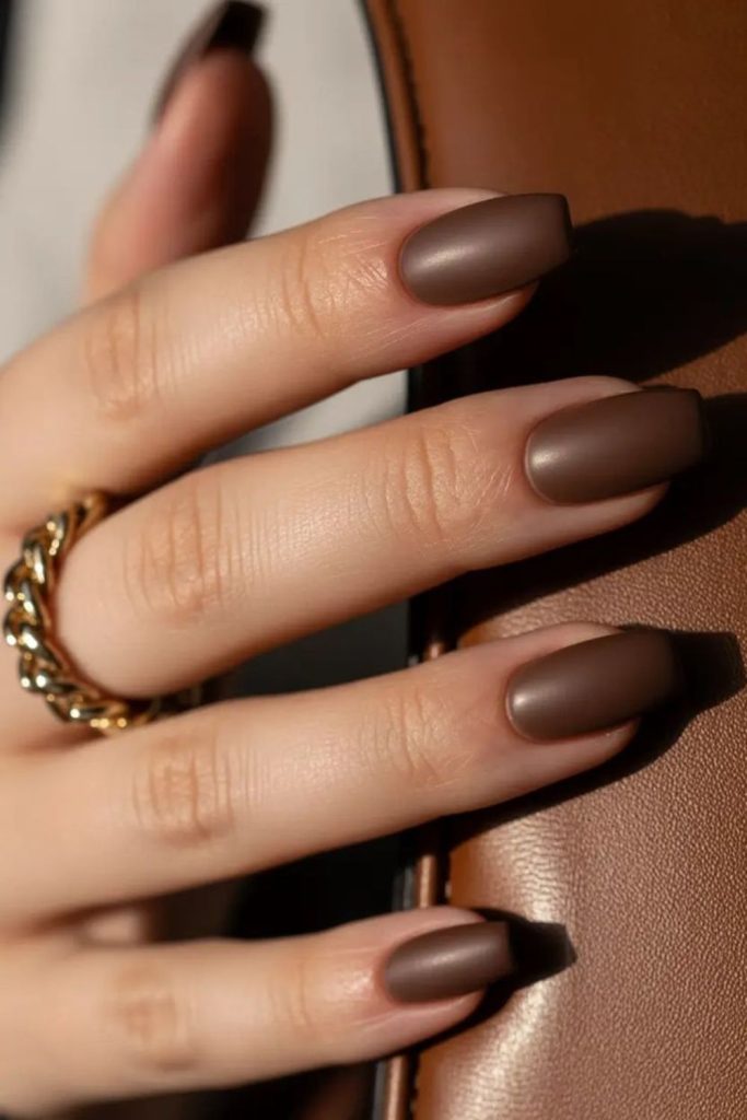 Cocoa matte earthy neutral square manicure