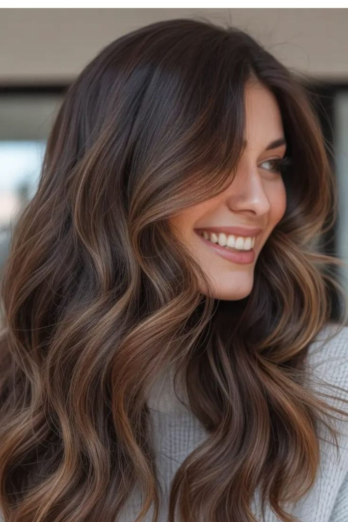 Cocoa brunette silky highlighted waves.