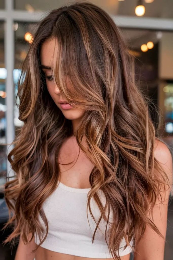 Coffee brunette flicked highlighted hair.