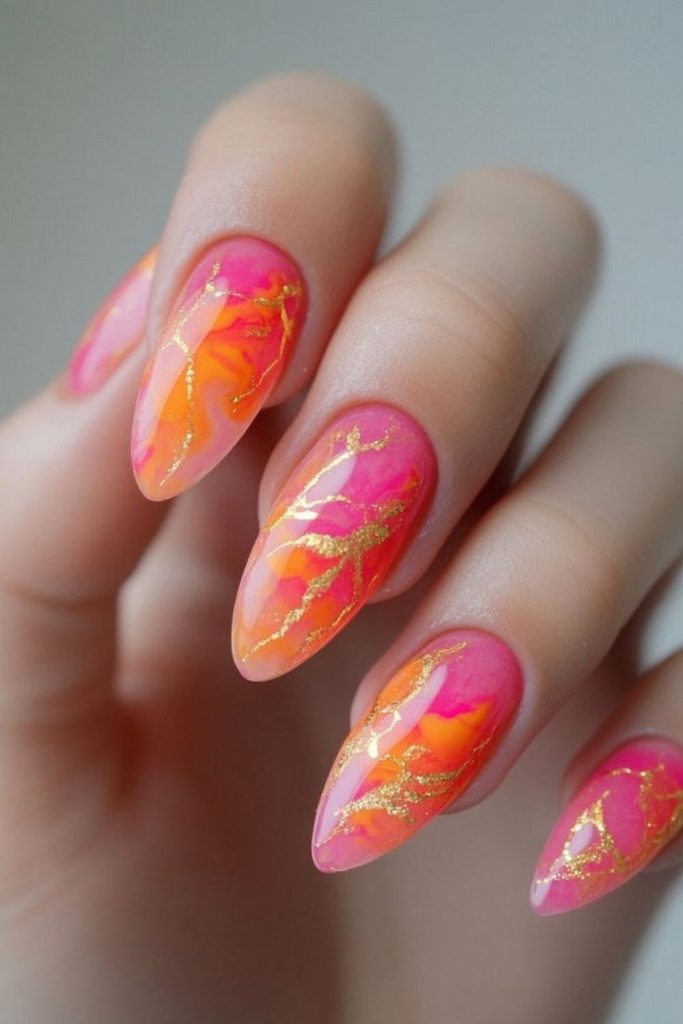 Coral abstract ink art nails