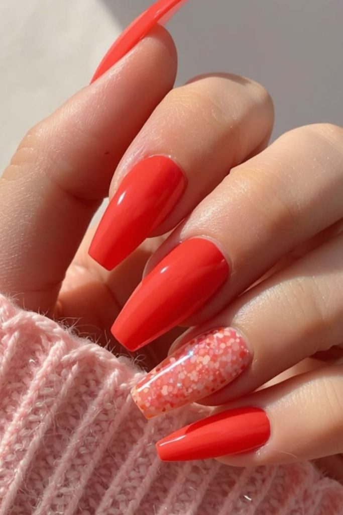 Coral glossy candy style shiny nails