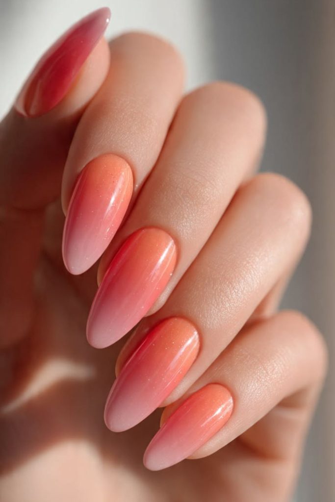 Coral aura glow soft dreamy nails