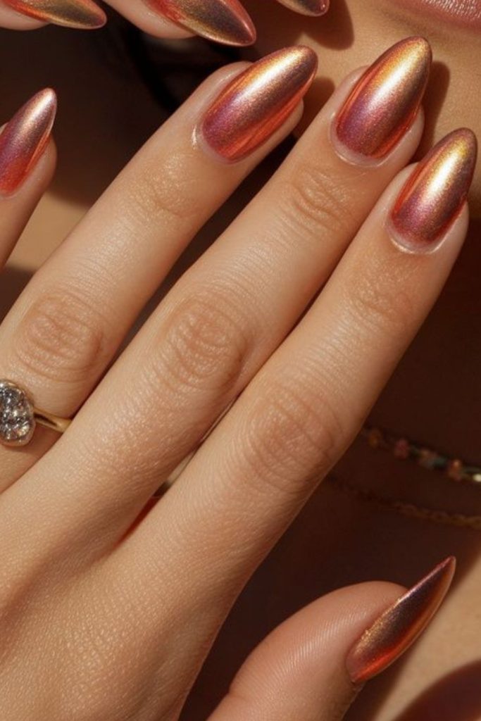 Coral fiery chrome nail look