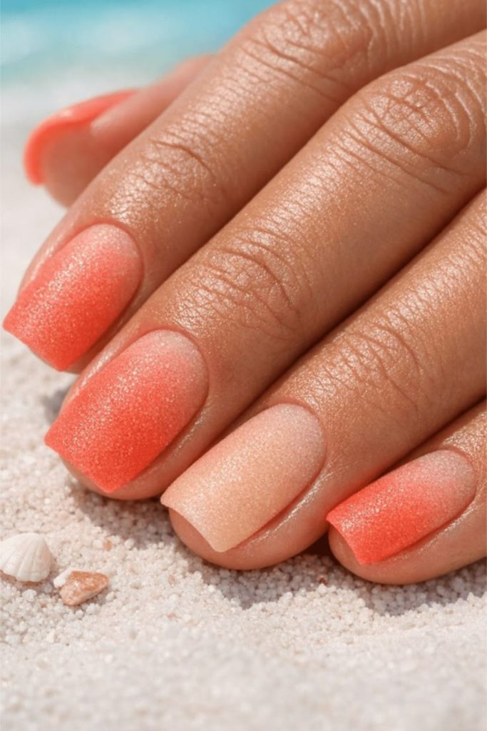 Coral frosted sugar sparkle nails