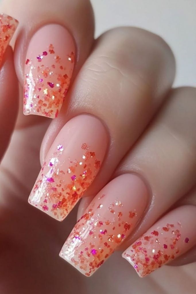 Coral glitter sparkling rainfall effect nails