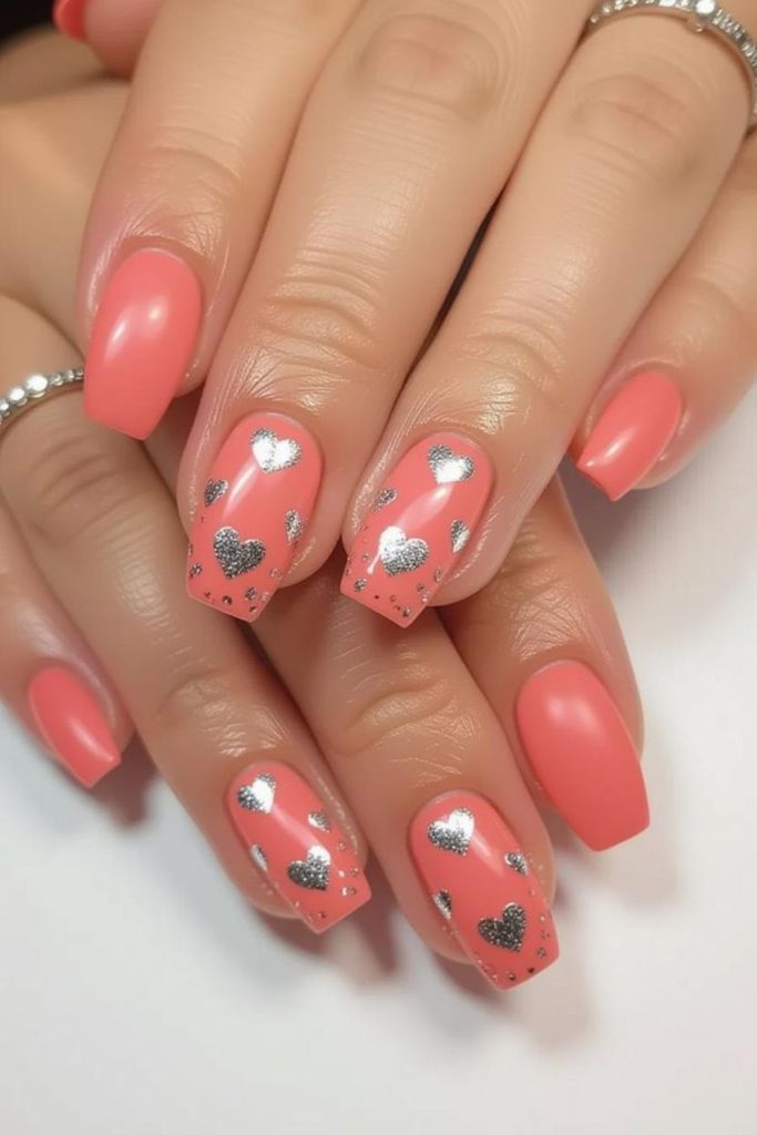 Coral heart romantic minimal nails