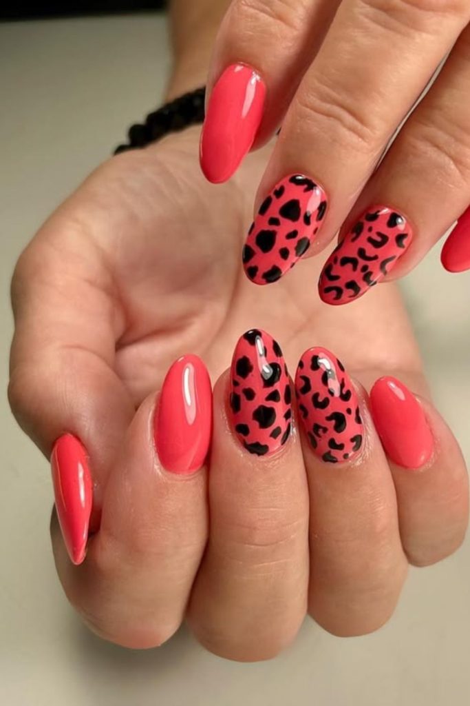 Coral leopard print wild accent nails