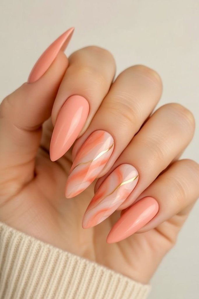 Coral marble ivory swirl luxury nails