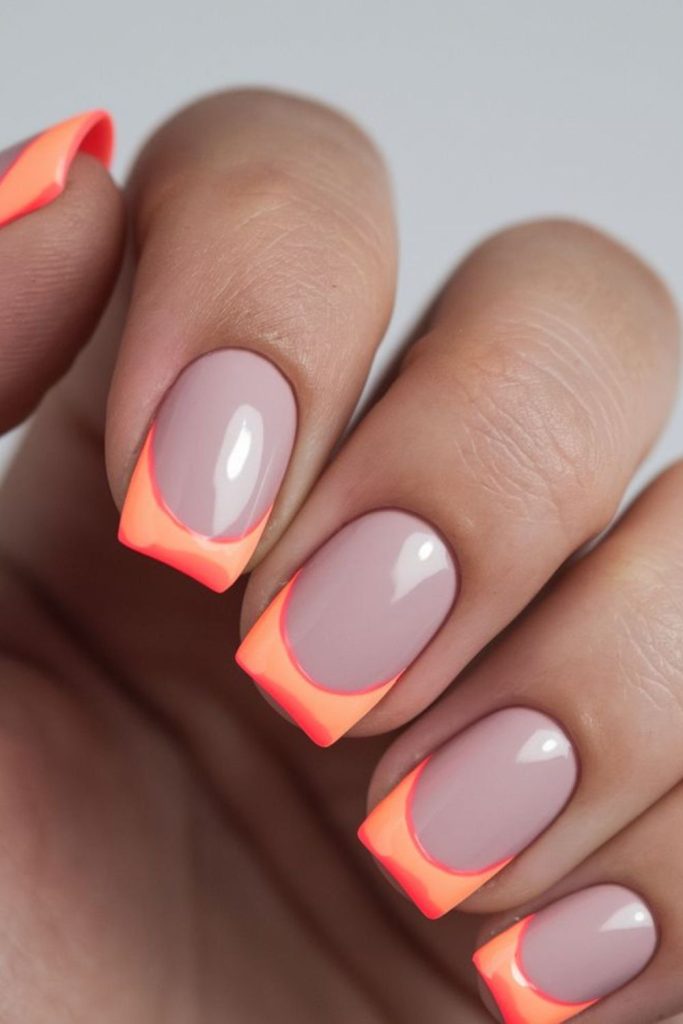Coral neon edge glowing outline nails