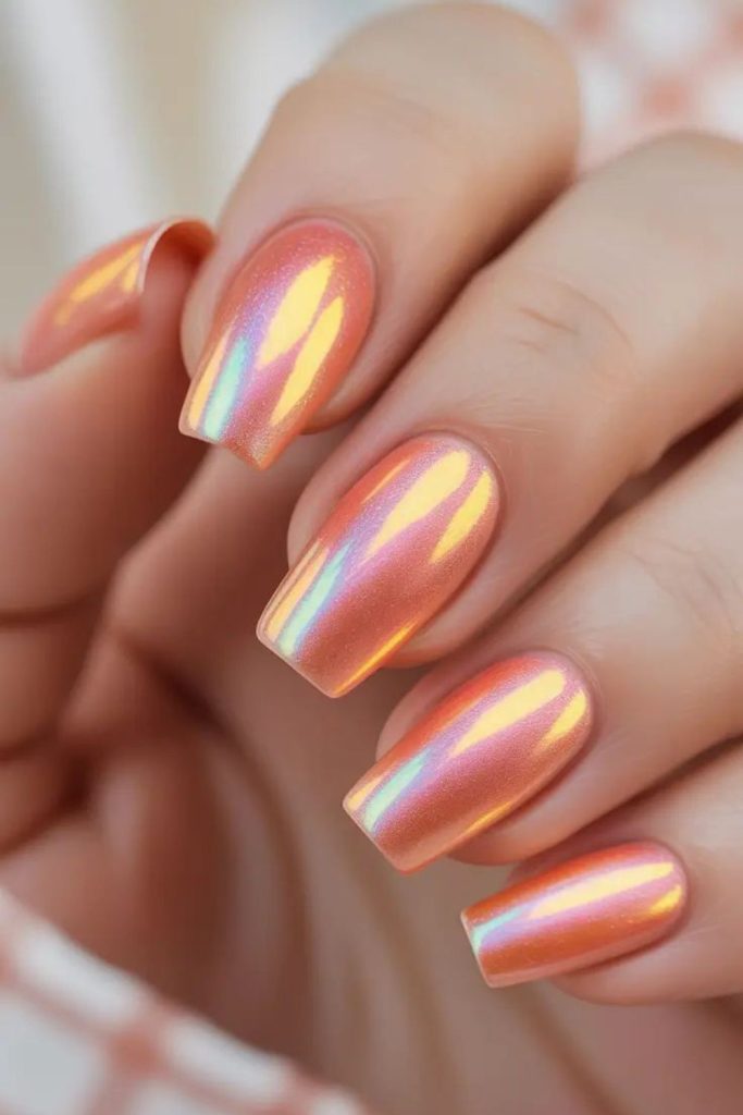 Coral peach chrome nail look