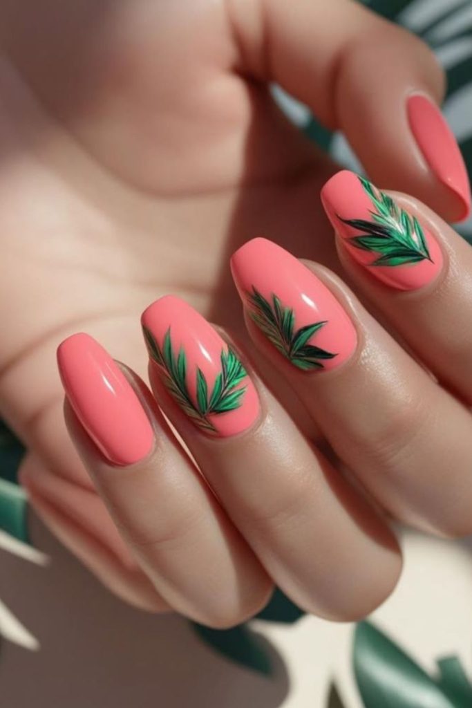 Coral tropical green leaf nail art