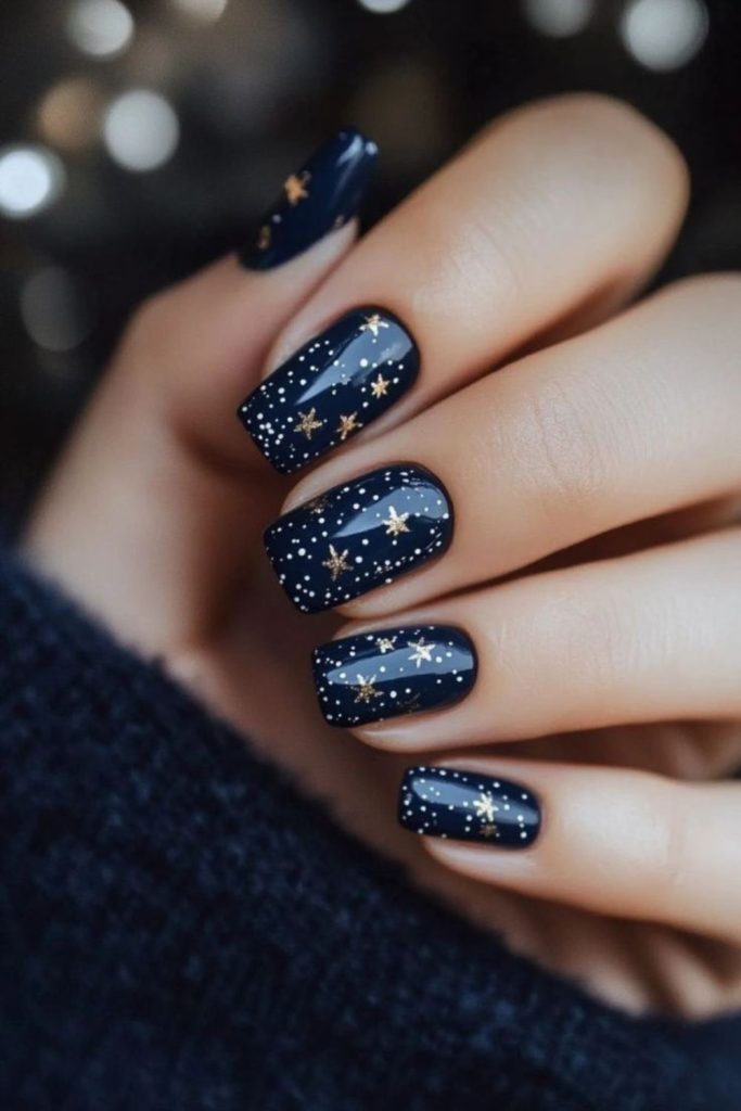 Galaxy navy graduation nails with stars.