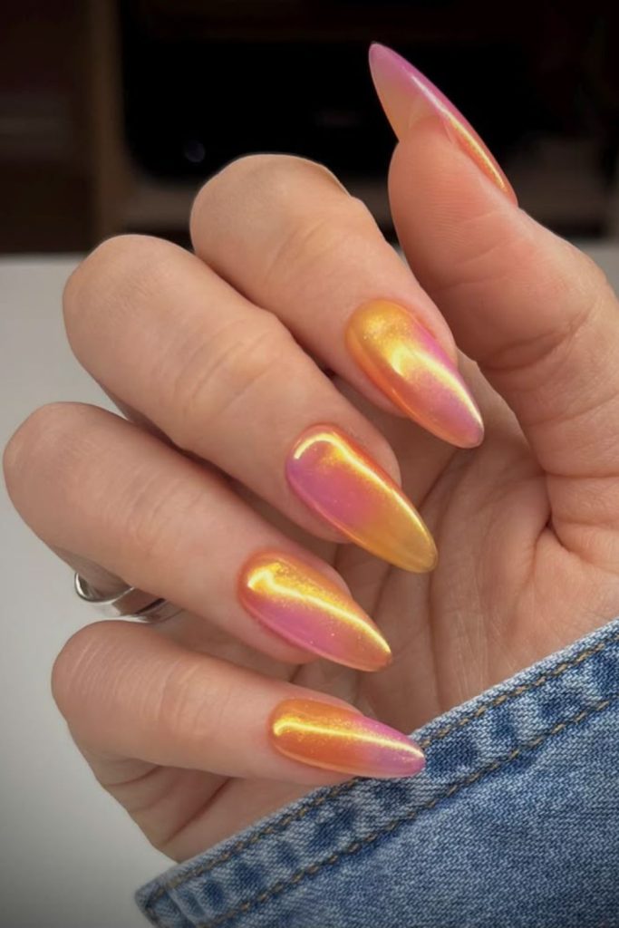Cosmic sunset reflective chrome nails