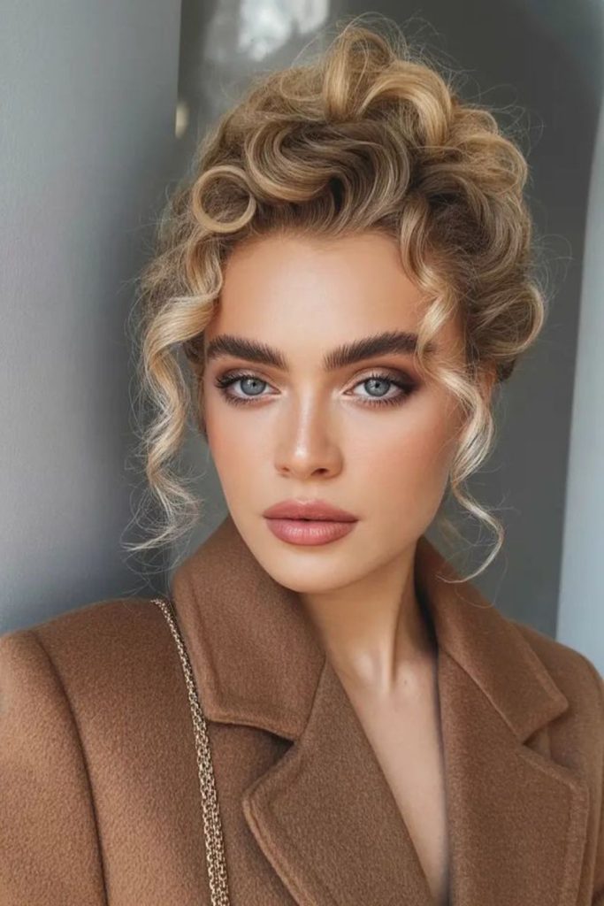 Soft fluffy curly hairstyle with light airy volume.