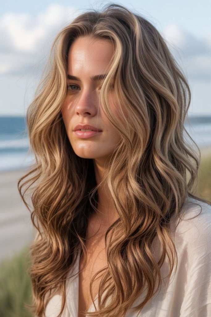 Creamy blonde highlights in walnut waves.