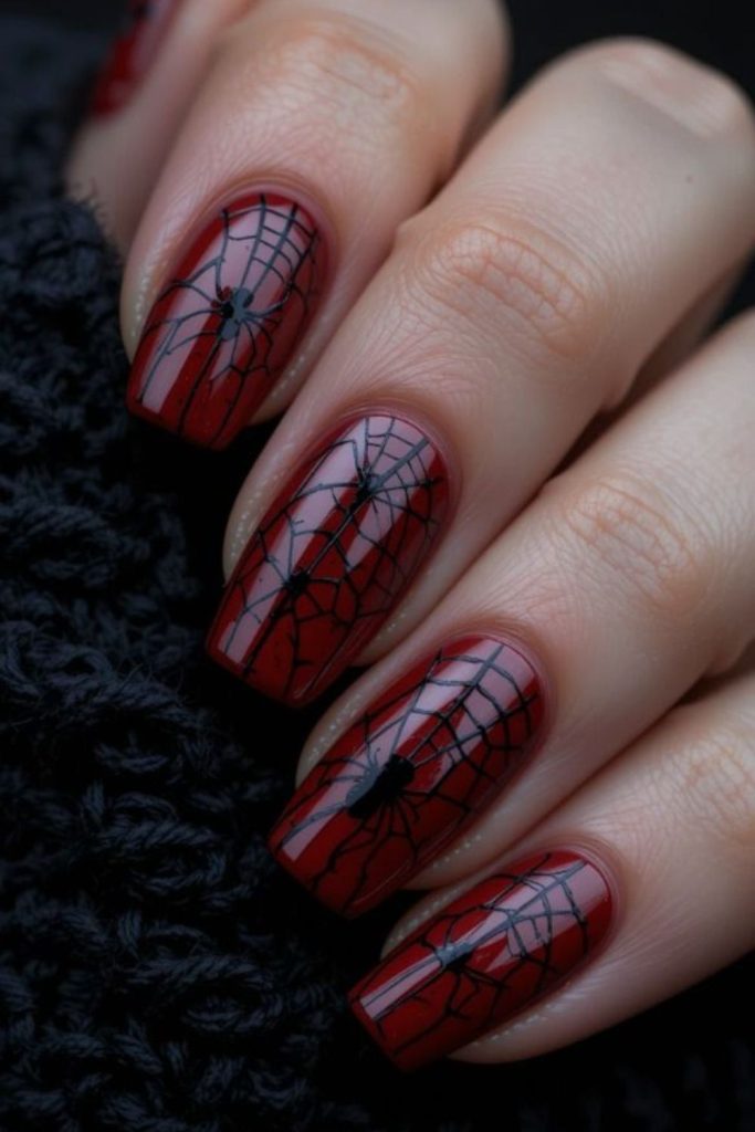 Crimson spider web glowing nail art