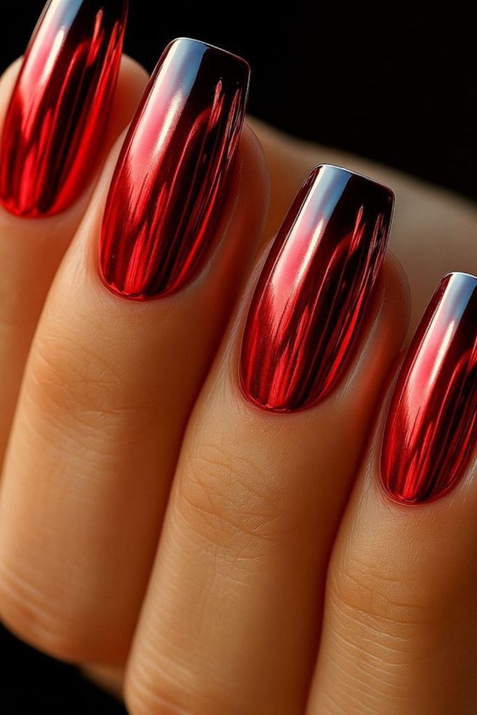 Deep red prism chrome nails